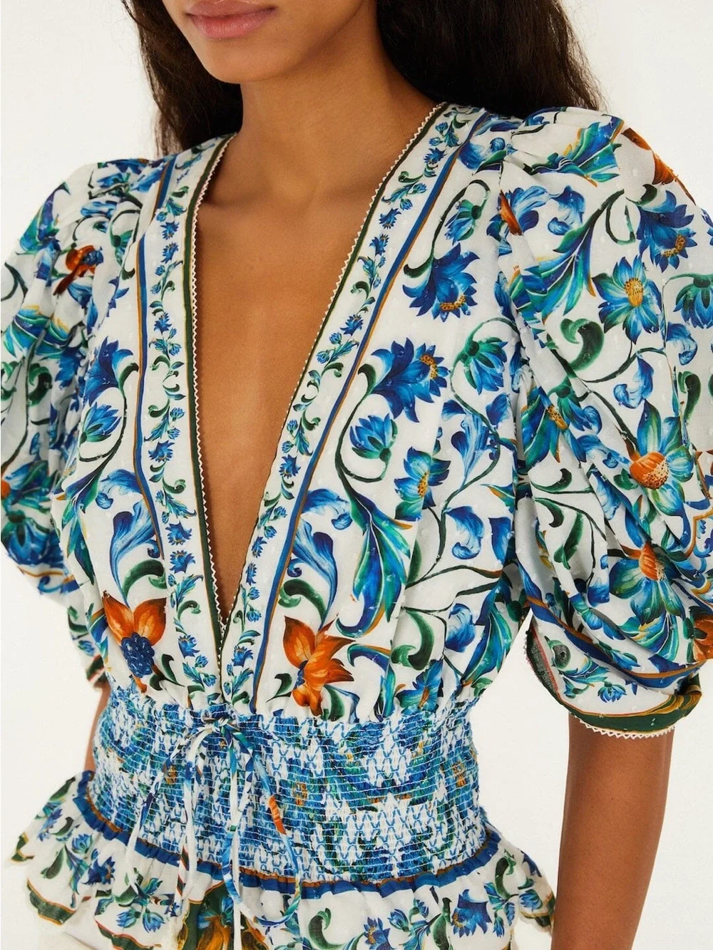FARM RIO Off-White Flora Tile Smocked Blouse